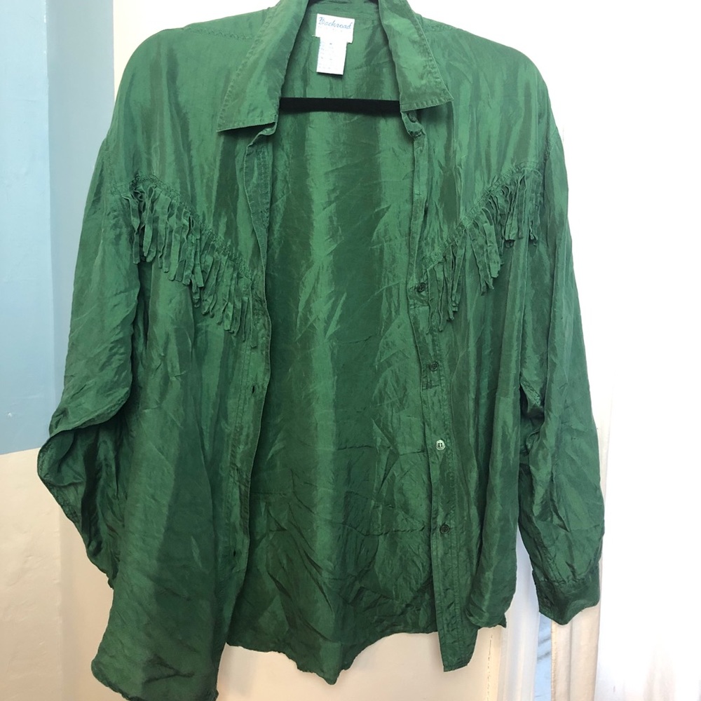 Super cool vintage green fringe shirt 100% silk